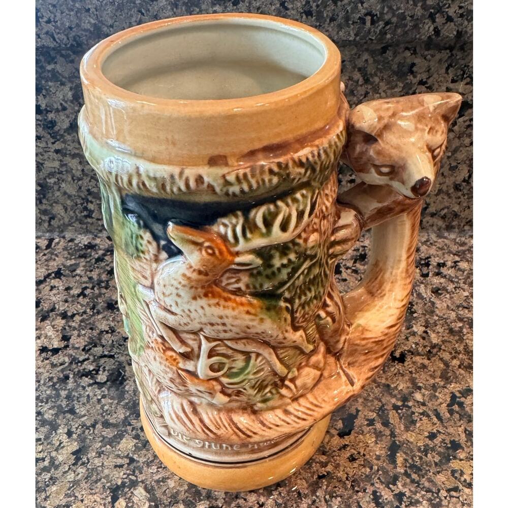 Vtg Fox Handle Made in Japan Hand Painted Ceramic Tall Beer Stein Mug